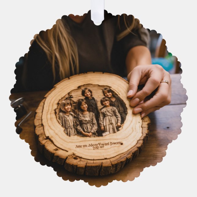 woman looking down at an engraving of her kids on  ornament card (Front)