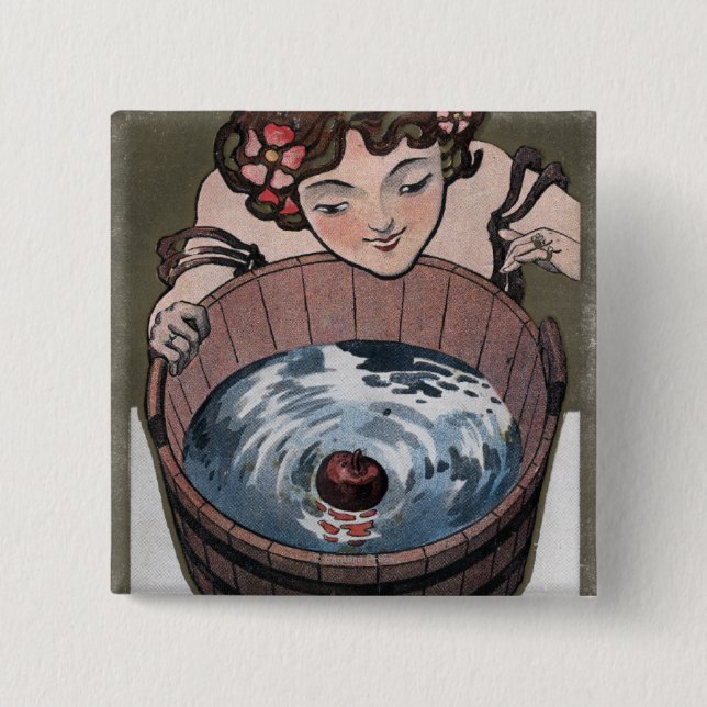 Woman Looking in Wood Barrel Button (Front)