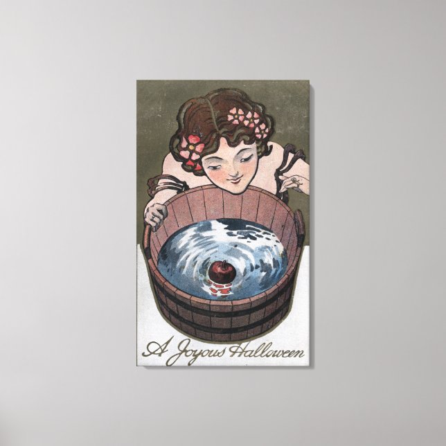 Woman Looking in Wood Barrel Canvas Print (Front)