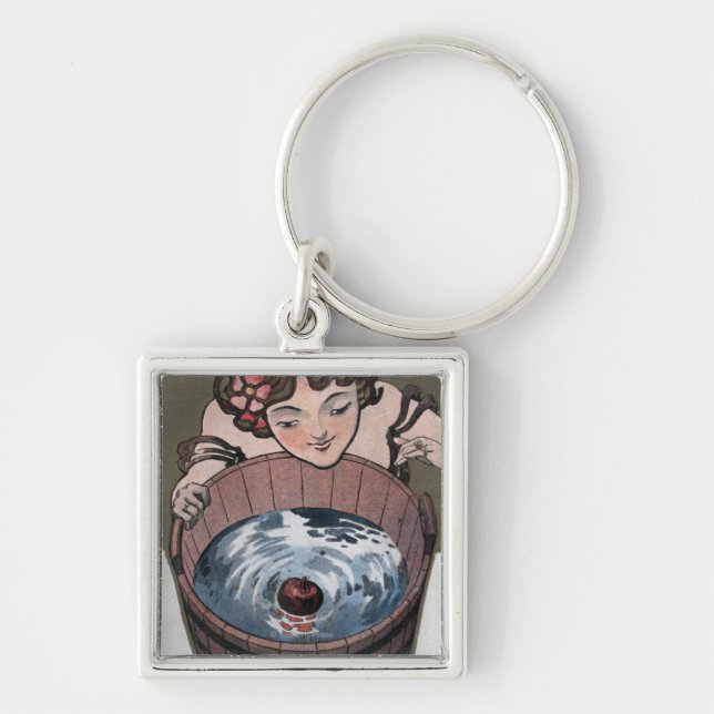 Woman Looking in Wood Barrel Keychain (Front)