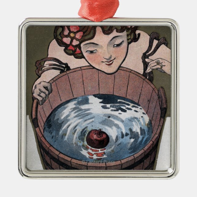 Woman Looking in Wood Barrel Metal Ornament (Front)