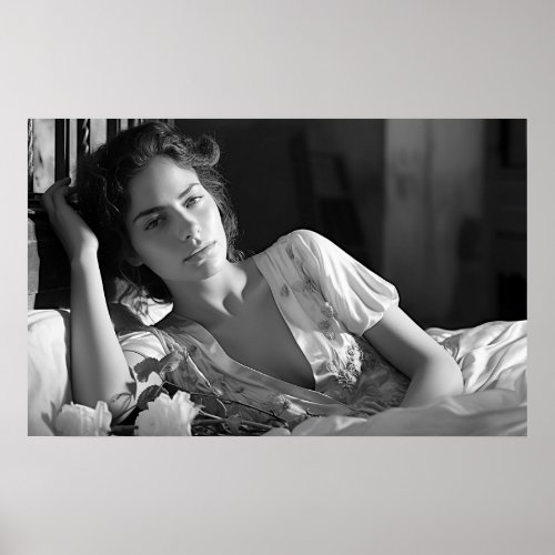 Woman lounging in bed BW photo Poster