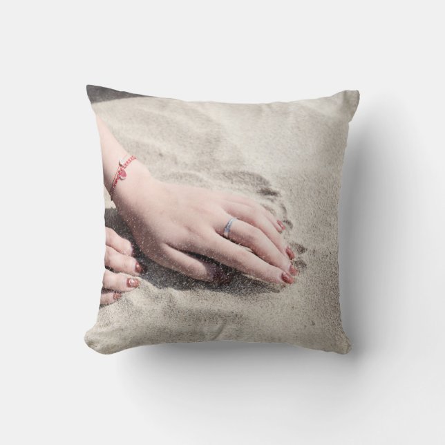 Woman lying on white sand throw pillow (Front)
