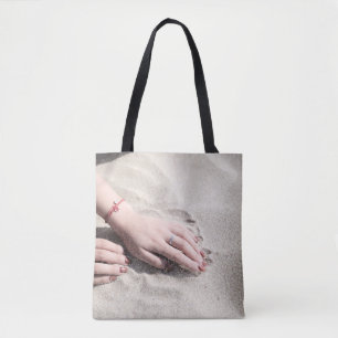 Woman lying on white sand tote bag
