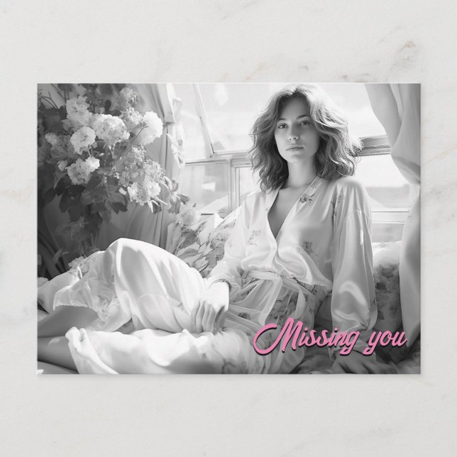 Woman lying on white silk sheets B&W photo Postcard (Front)