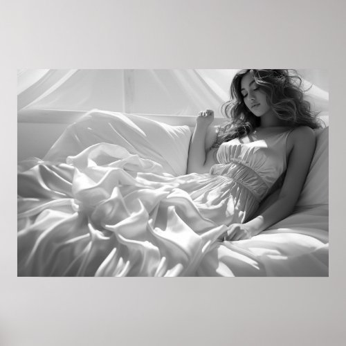 Woman lying on white silk sheets BW photo Poster