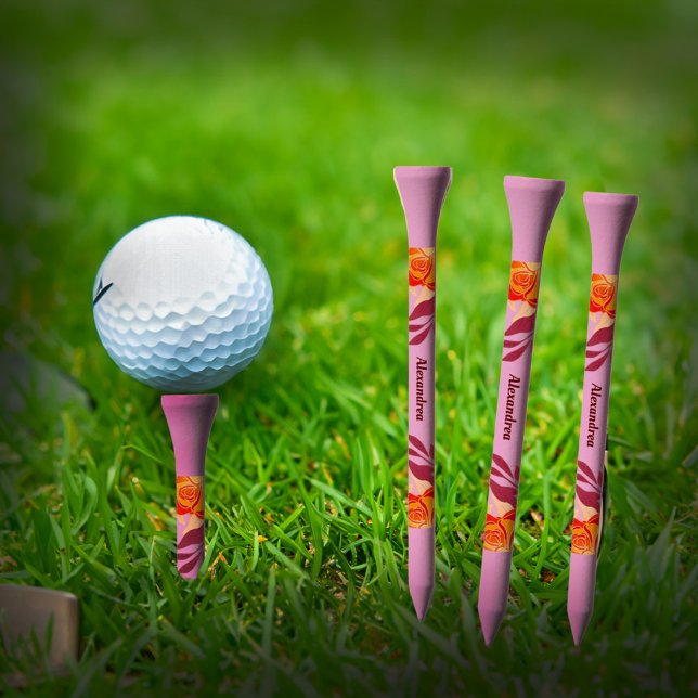 Woman Man Name Flowers Waterolor Floral Pink Golf Tees (Name Flowers Yellow Floral Stylish Pink Custom Golf Tees to personalize with your name.)