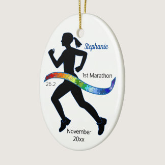 Woman Marathon Autism Puzzle Rainbow Ribbon Ceramic Ornament