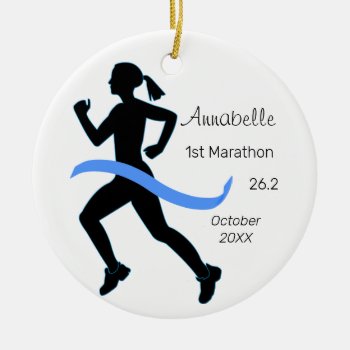 Woman Marathon Runner Blue Ornament by NightOwlsMenagerie at Zazzle