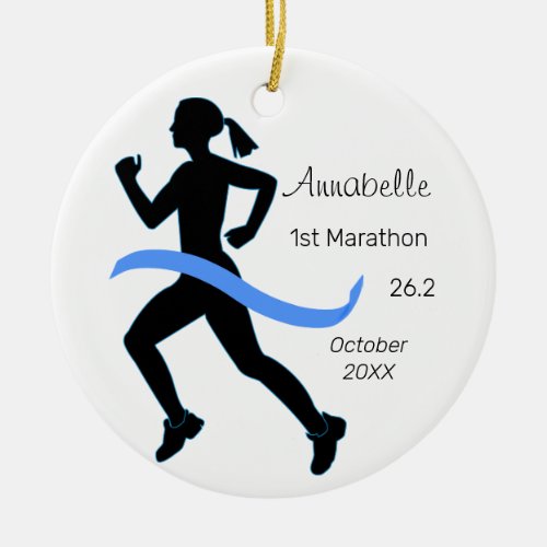 Woman Marathon Runner Blue Ornament