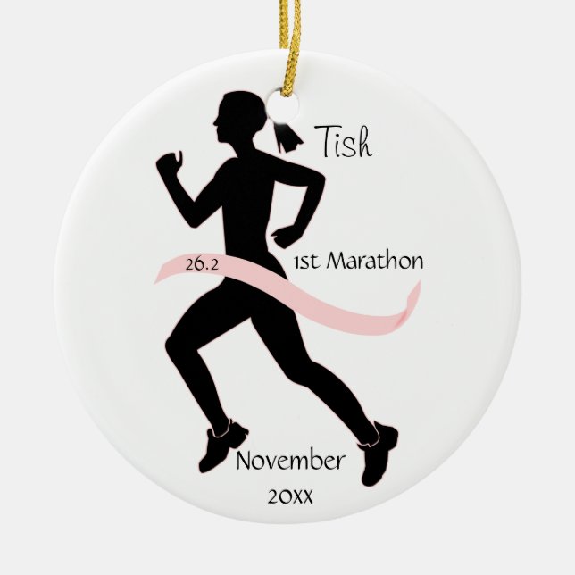 Woman Marathon Runner Ornament in Pink (Front)