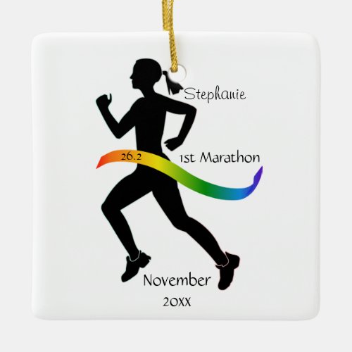 Woman Marathon Runner Ornament in Rainbow