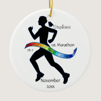 Woman Marathon Runner Puzzle Rainbow Ribbon Ceramic Ornament