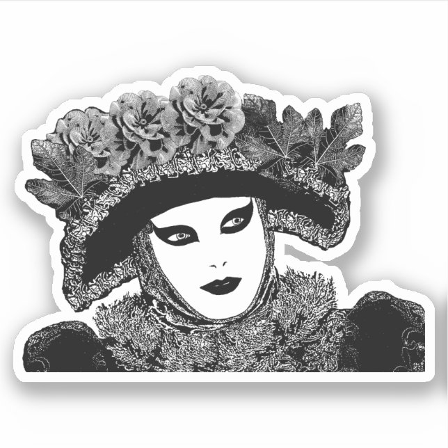 Woman Mardi gras Mask black and white art Sticker (Front)