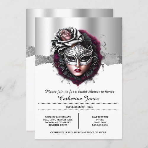 Woman masquerade mask burgundy silver carnival invitation