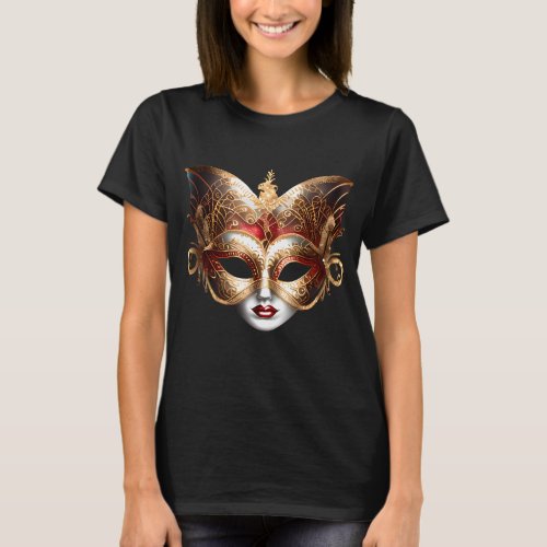 Woman masquerade mask gold red elegant lady T_Shirt