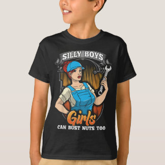 Woman Mechanic Bust Nuts Funny Adult Humor T-Shirt
