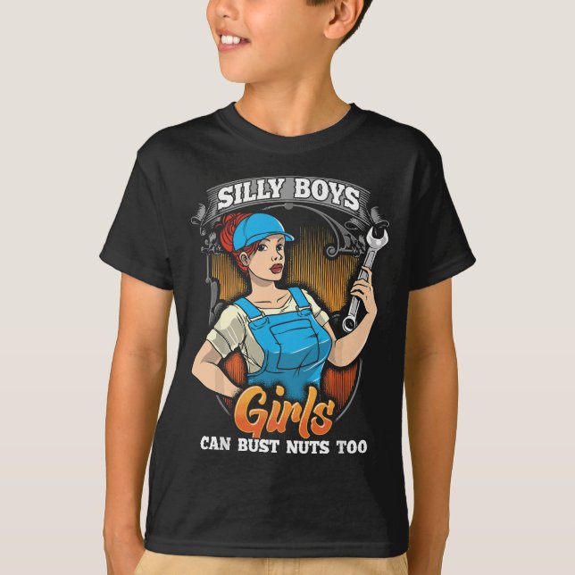 Woman Mechanic Bust Nuts Funny Adult Humor T-Shirt (Front)