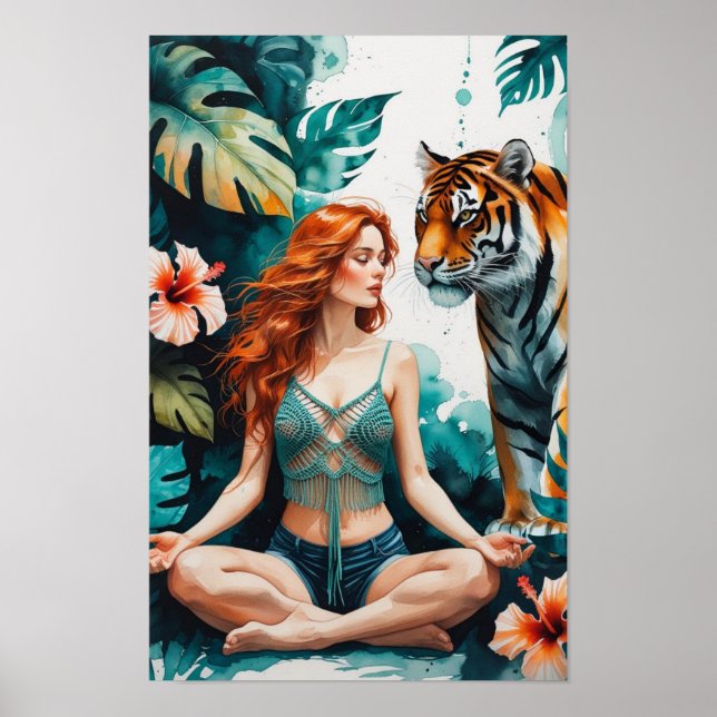 Woman Meditating with Bengal Tiger Poster (Front)