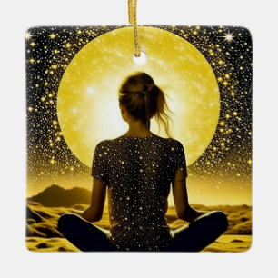 Woman Meditation Under the Moon Celestial Ceramic Ornament