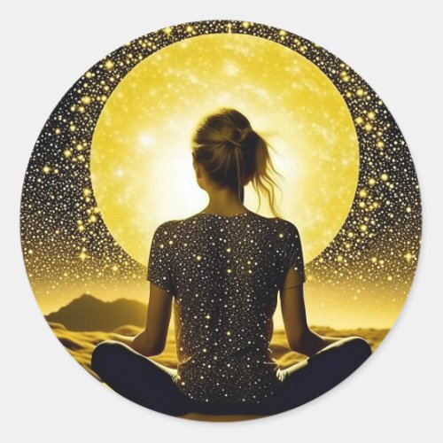 Woman Meditation Under the Moon Celestial Classic Round Sticker