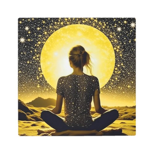 Woman Meditation Under the Moon Celestial Metal Print