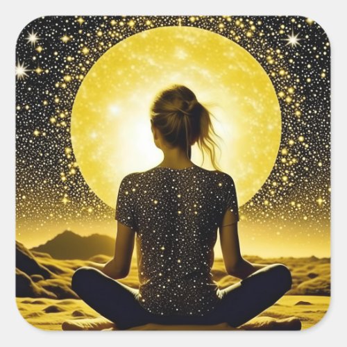 Woman Meditation Under the Moon Celestial Square Sticker