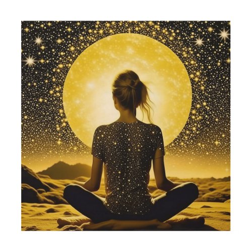Woman Meditation Under the Moon Celestial Wood Wall Art