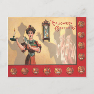 Woman Mirror Candle Clock Ghost Jack O Lantern Postcard