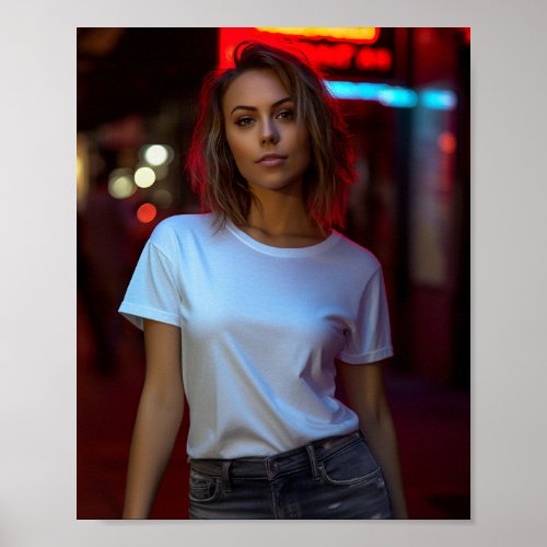 Woman model wearing a blank white Gildan t_shirt Poster