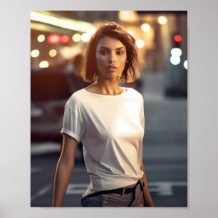 Woman model wearing a blank white t-shirt poster