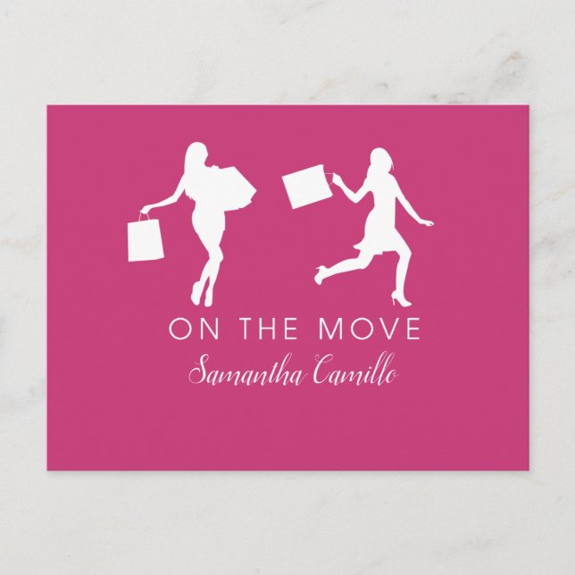 Woman Moving Announcement Pink Black Gray Postcard (Front)