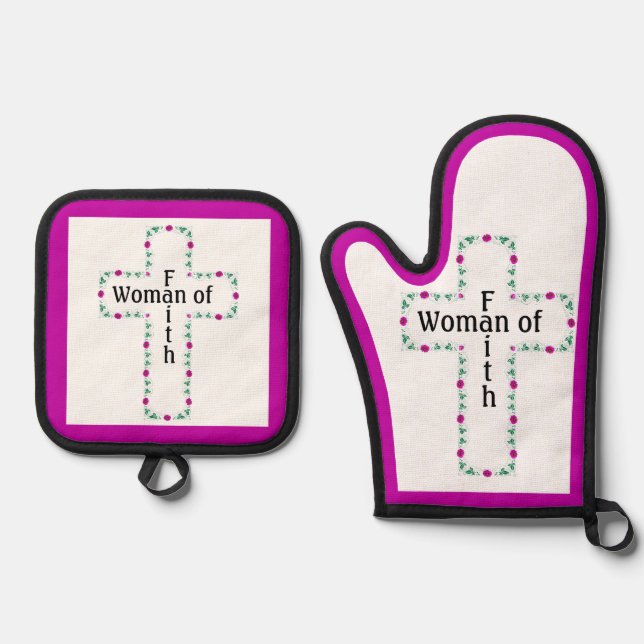 Woman of faith oven mitt & pot holder set (Front)