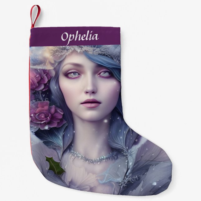 Woman of Winter Floral and Snow Personalized Small Christmas Stocking (Front)