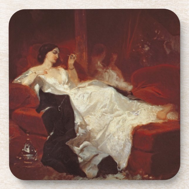 Woman on a red sofa beverage coaster (Front)