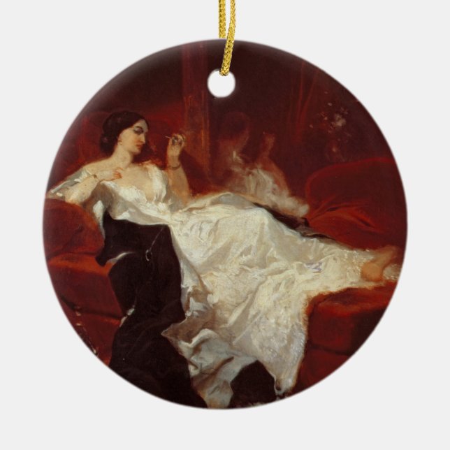 Woman on a red sofa ceramic ornament (Front)