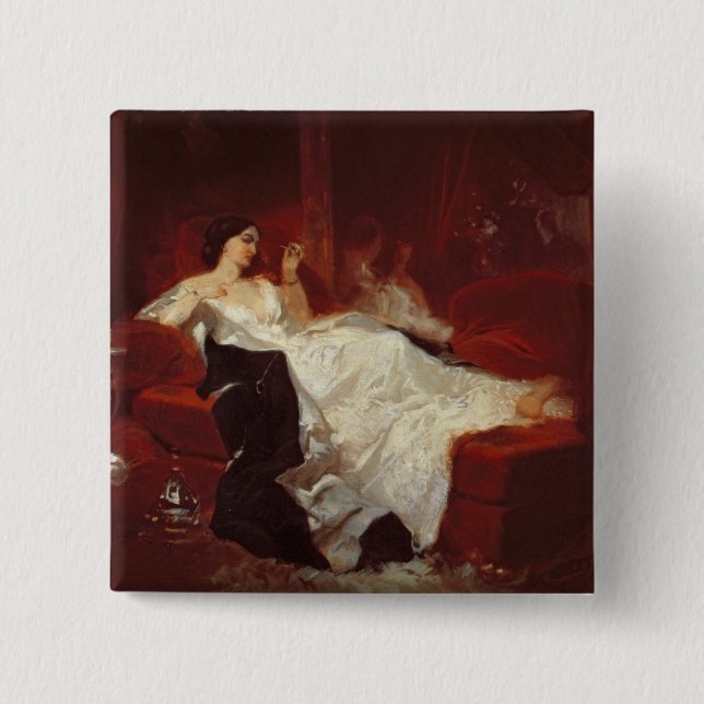 Woman on a red sofa pinback button (Front)