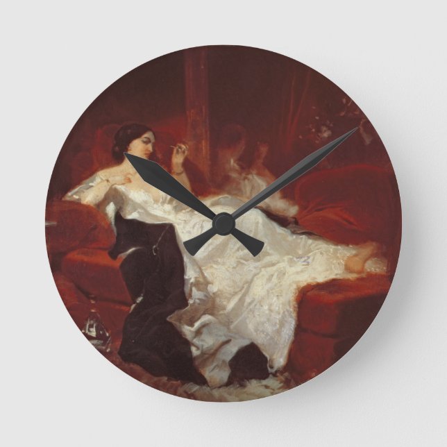 Woman on a red sofa round clock (Front)