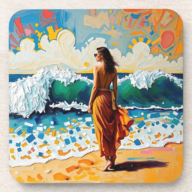 Woman on Beach Abstract Seaside Art Personalized Beverage Coaster (Front)