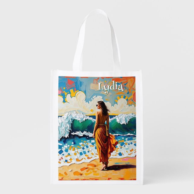 Woman on Beach Abstract Seaside Art Personalized Grocery Bag (Front)