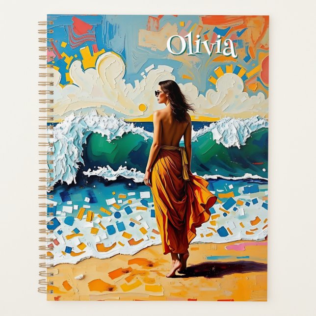 Woman on Beach Abstract Seaside Art Personalized Planner (Front)