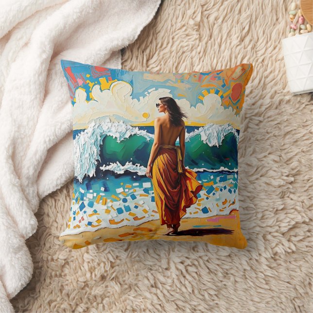 Woman on Beach Abstract Seaside Art Personalized Throw Pillow (Blanket)
