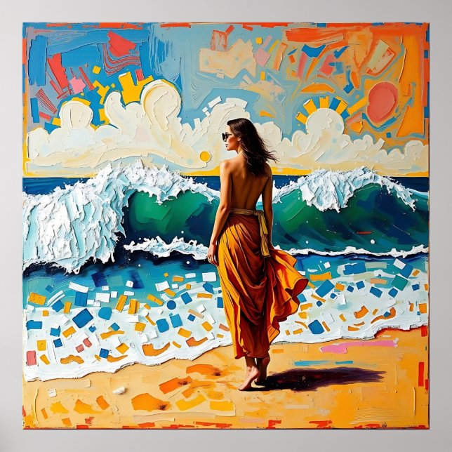 Woman on Beach Abstract Seaside Art  Poster (Front)