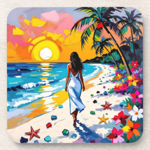 Woman on Beach Tropical Scene Beverage Coaster