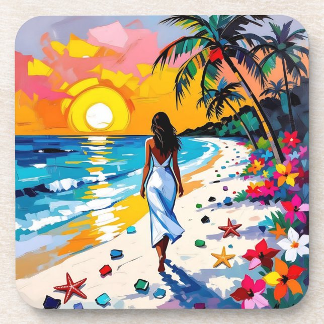 Woman on Beach Tropical Scene Beverage Coaster (Front)