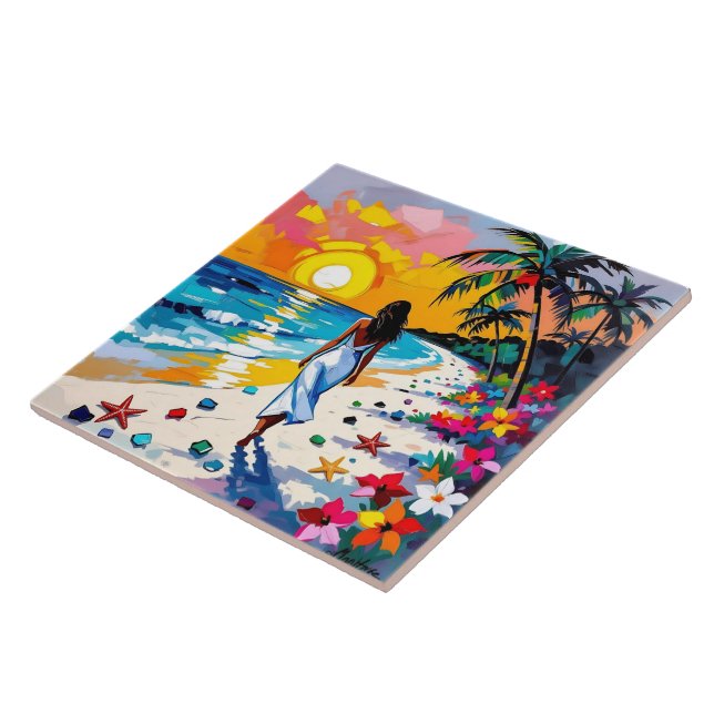 Woman on Beach Tropical Scene Ceramic Tile (Side)