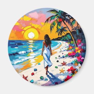 Woman on Beach Tropical Scene Magnet
