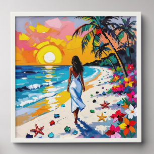 Woman on Beach Tropical Scene Peel And Stick Photo Tile