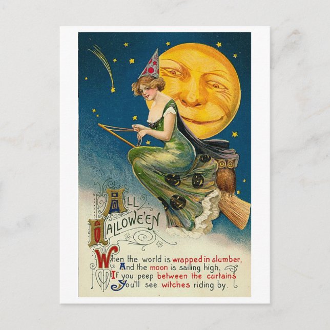 Woman on Broomstick All Halloween Postcard (Front)