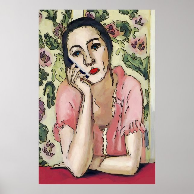 Woman on Cell Phone Abstract, Matisse Style Poster (Front)